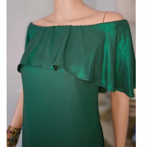 H Halston Emerald Green Metallic Off The Shoulder Ruffle Relaxed Fit Dress  - Picture 6 of 7